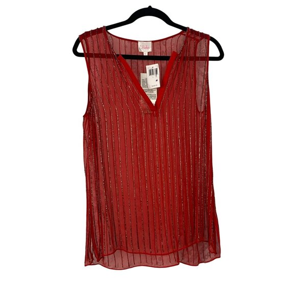 NWT Sheer Parker Red Sleeveless Beaded Silk V-Neck Top L $308 Holiday Xmas - Picture 1 of 7